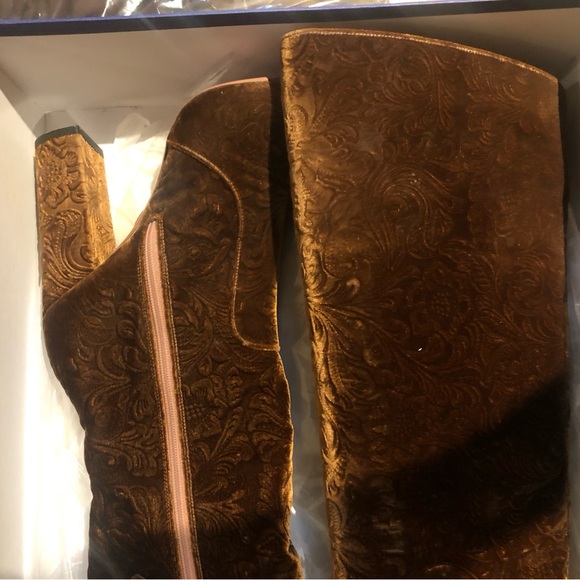 AQUAZZURA Over The Knee Thigh High Brown Velvet Brocade Block Heel Boho Boot - Picture 6 of 10
